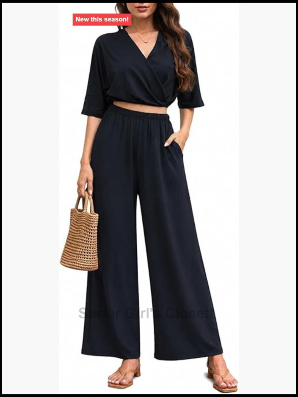 V Neck Crop Top Wide Leg Pants Set Lightweight Polyester 2pc Lounge Travel